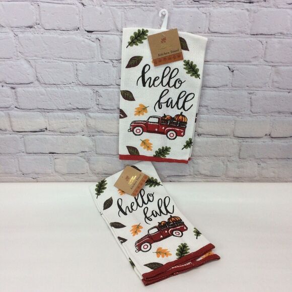 Harvest Collection “Hello Fall” Red Truck 2 Pc Kitchen Dish Towel Set Cotton NWT - Picture 3 of 5